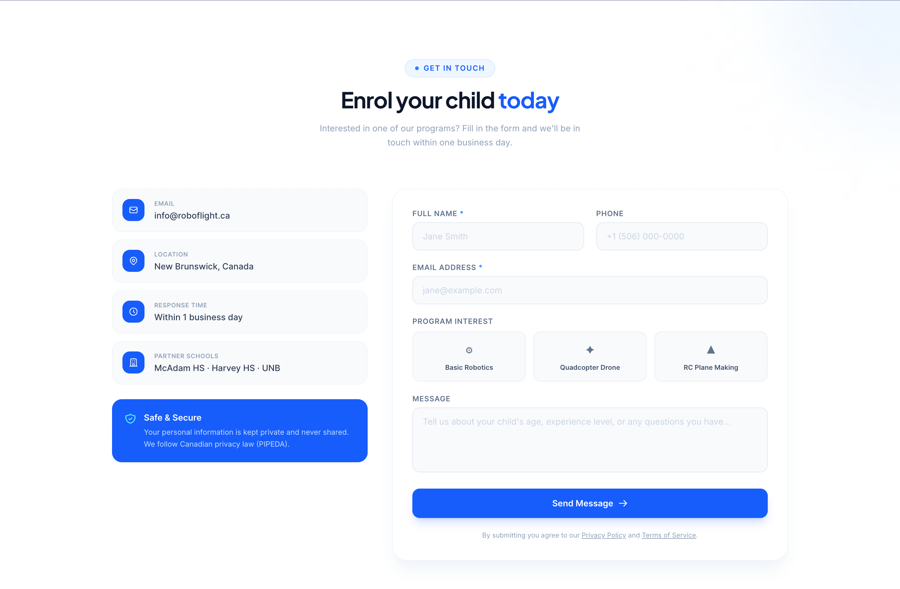 ROBOFLIGHT — Enrol your child contact form